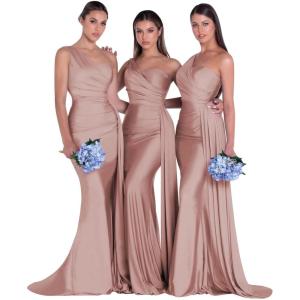 imageOne Shoulder Mermaid Bridesmaid Dresses for Wedding Ruched Satin Prom Dress Bodycon Formal Party DressDusty Rose