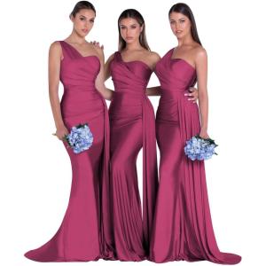 imageOne Shoulder Mermaid Bridesmaid Dresses for Wedding Ruched Satin Prom Dress Bodycon Formal Party DressFuchsia
