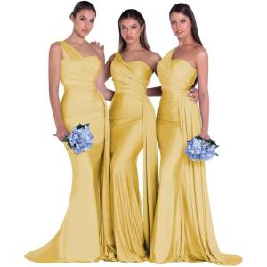 imageOne Shoulder Mermaid Bridesmaid Dresses for Wedding Ruched Satin Prom Dress Bodycon Formal Party DressGold