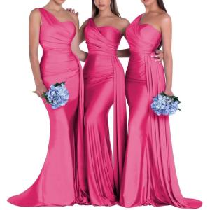 imageOne Shoulder Mermaid Bridesmaid Dresses for Wedding Ruched Satin Prom Dress Bodycon Formal Party DressHot Pink