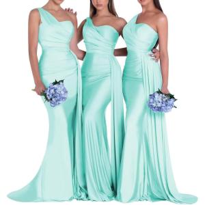imageOne Shoulder Mermaid Bridesmaid Dresses for Wedding Ruched Satin Prom Dress Bodycon Formal Party DressIce Blue