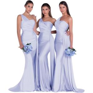 imageOne Shoulder Mermaid Bridesmaid Dresses for Wedding Ruched Satin Prom Dress Bodycon Formal Party DressLavender