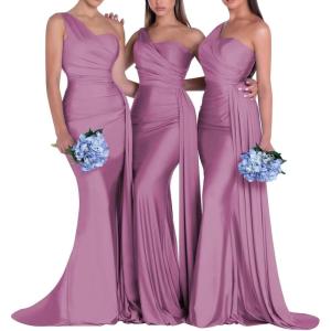 imageOne Shoulder Mermaid Bridesmaid Dresses for Wedding Ruched Satin Prom Dress Bodycon Formal Party DressLilac