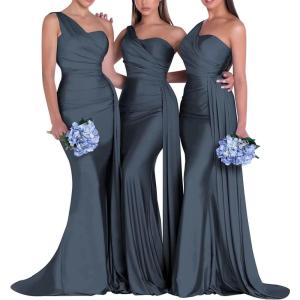 imageOne Shoulder Mermaid Bridesmaid Dresses for Wedding Ruched Satin Prom Dress Bodycon Formal Party DressNavy Blue