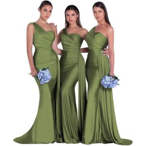 imageOne Shoulder Mermaid Bridesmaid Dresses for Wedding Ruched Satin Prom Dress Bodycon Formal Party DressOlive