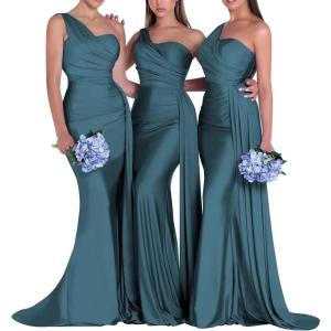 imageOne Shoulder Mermaid Bridesmaid Dresses for Wedding Ruched Satin Prom Dress Bodycon Formal Party DressPeacock