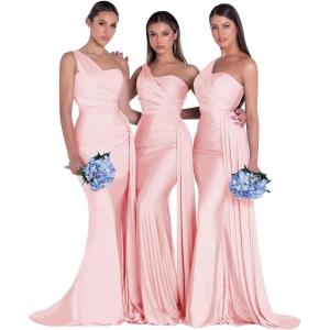 imageOne Shoulder Mermaid Bridesmaid Dresses for Wedding Ruched Satin Prom Dress Bodycon Formal Party DressPink