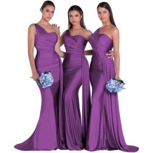 imageOne Shoulder Mermaid Bridesmaid Dresses for Wedding Ruched Satin Prom Dress Bodycon Formal Party DressPurple