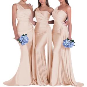 imageOne Shoulder Mermaid Bridesmaid Dresses for Wedding Ruched Satin Prom Dress Bodycon Formal Party DressRose Gold