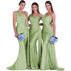 imageOne Shoulder Mermaid Bridesmaid Dresses for Wedding Ruched Satin Prom Dress Bodycon Formal Party DressSage