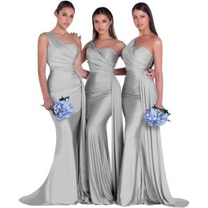 imageOne Shoulder Mermaid Bridesmaid Dresses for Wedding Ruched Satin Prom Dress Bodycon Formal Party DressSilver