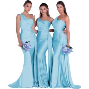 imageOne Shoulder Mermaid Bridesmaid Dresses for Wedding Ruched Satin Prom Dress Bodycon Formal Party DressSky Blue