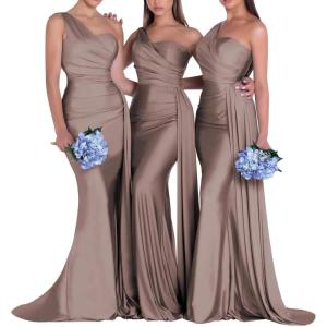 imageOne Shoulder Mermaid Bridesmaid Dresses for Wedding Ruched Satin Prom Dress Bodycon Formal Party DressTaupe
