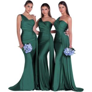 imageOne Shoulder Mermaid Bridesmaid Dresses for Wedding Ruched Satin Prom Dress Bodycon Formal Party DressTeal