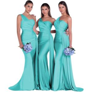 imageOne Shoulder Mermaid Bridesmaid Dresses for Wedding Ruched Satin Prom Dress Bodycon Formal Party DressTurquoise