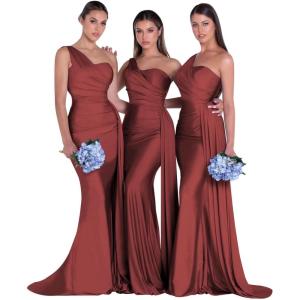 imageOne Shoulder Mermaid Bridesmaid Dresses for Wedding Ruched Satin Prom Dress Bodycon Formal Party DressWine Red