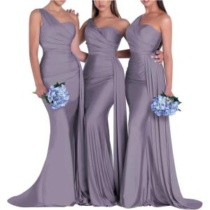 imageOne Shoulder Mermaid Bridesmaid Dresses for Wedding Ruched Satin Prom Dress Bodycon Formal Party DressWisteria