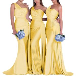 imageOne Shoulder Mermaid Bridesmaid Dresses for Wedding Ruched Satin Prom Dress Bodycon Formal Party DressYellow