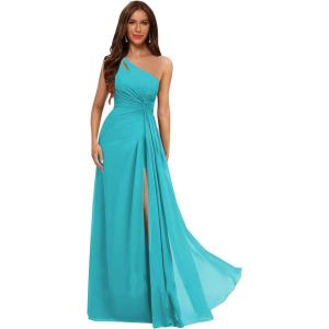 imageOne Shoulder Pleated Bridesmaid Dresses Long with Slit Chiffon A Line Formal Evening Dress for WomenAqua