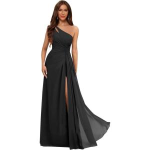imageOne Shoulder Pleated Bridesmaid Dresses Long with Slit Chiffon A Line Formal Evening Dress for WomenBlack