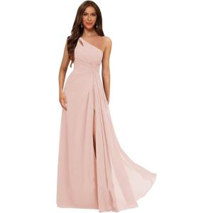 imageOne Shoulder Pleated Bridesmaid Dresses Long with Slit Chiffon A Line Formal Evening Dress for WomenBlush