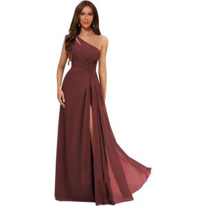 imageOne Shoulder Pleated Bridesmaid Dresses Long with Slit Chiffon A Line Formal Evening Dress for WomenBurgundy