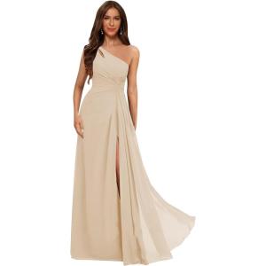 imageOne Shoulder Pleated Bridesmaid Dresses Long with Slit Chiffon A Line Formal Evening Dress for WomenChampagne