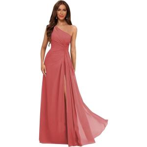 imageOne Shoulder Pleated Bridesmaid Dresses Long with Slit Chiffon A Line Formal Evening Dress for WomenDesert Rose