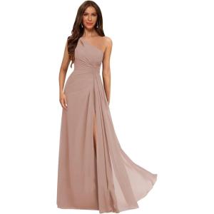 imageOne Shoulder Pleated Bridesmaid Dresses Long with Slit Chiffon A Line Formal Evening Dress for WomenDusty Pink