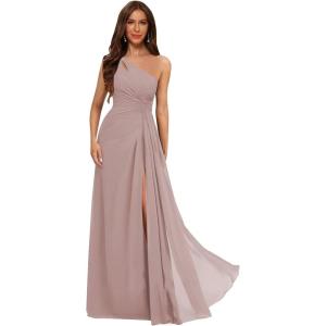 imageOne Shoulder Pleated Bridesmaid Dresses Long with Slit Chiffon A Line Formal Evening Dress for WomenDusty Rose