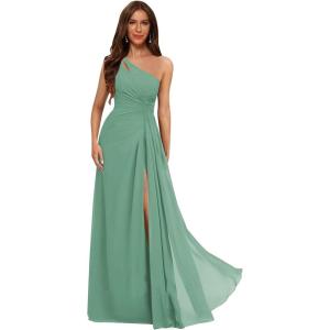imageOne Shoulder Pleated Bridesmaid Dresses Long with Slit Chiffon A Line Formal Evening Dress for WomenEucalyptus