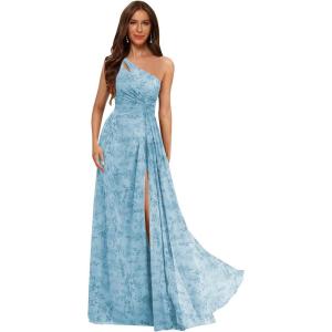 imageOne Shoulder Pleated Bridesmaid Dresses Long with Slit Chiffon A Line Formal Evening Dress for WomenFloral Blue