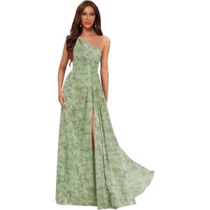 imageOne Shoulder Pleated Bridesmaid Dresses Long with Slit Chiffon A Line Formal Evening Dress for WomenFloral Sage