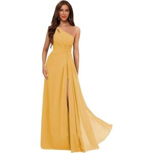 imageOne Shoulder Pleated Bridesmaid Dresses Long with Slit Chiffon A Line Formal Evening Dress for WomenGold