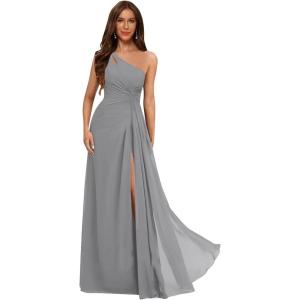 imageOne Shoulder Pleated Bridesmaid Dresses Long with Slit Chiffon A Line Formal Evening Dress for WomenGray