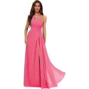 imageOne Shoulder Pleated Bridesmaid Dresses Long with Slit Chiffon A Line Formal Evening Dress for WomenHot Pink