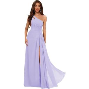 imageOne Shoulder Pleated Bridesmaid Dresses Long with Slit Chiffon A Line Formal Evening Dress for WomenLilac