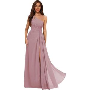 imageOne Shoulder Pleated Bridesmaid Dresses Long with Slit Chiffon A Line Formal Evening Dress for WomenMauve