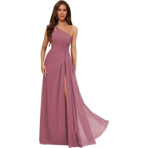 imageOne Shoulder Pleated Bridesmaid Dresses Long with Slit Chiffon A Line Formal Evening Dress for WomenMulberry