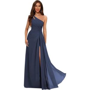 imageOne Shoulder Pleated Bridesmaid Dresses Long with Slit Chiffon A Line Formal Evening Dress for WomenNavy Blue