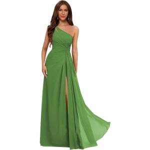 imageOne Shoulder Pleated Bridesmaid Dresses Long with Slit Chiffon A Line Formal Evening Dress for WomenOlive