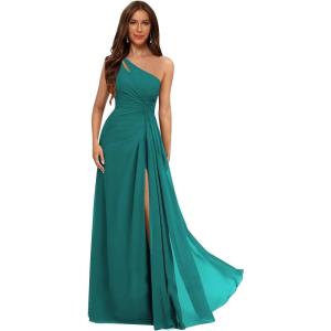 imageOne Shoulder Pleated Bridesmaid Dresses Long with Slit Chiffon A Line Formal Evening Dress for WomenPeacock