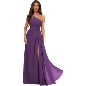 imageOne Shoulder Pleated Bridesmaid Dresses Long with Slit Chiffon A Line Formal Evening Dress for WomenPlum