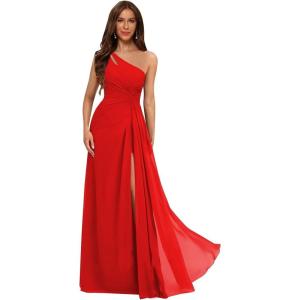 imageOne Shoulder Pleated Bridesmaid Dresses Long with Slit Chiffon A Line Formal Evening Dress for WomenRed