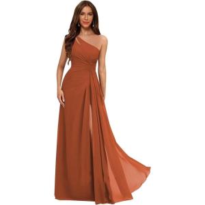 imageOne Shoulder Pleated Bridesmaid Dresses Long with Slit Chiffon A Line Formal Evening Dress for WomenRust