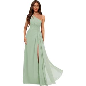 imageOne Shoulder Pleated Bridesmaid Dresses Long with Slit Chiffon A Line Formal Evening Dress for WomenSage