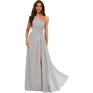 imageOne Shoulder Pleated Bridesmaid Dresses Long with Slit Chiffon A Line Formal Evening Dress for WomenSilver
