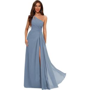 imageOne Shoulder Pleated Bridesmaid Dresses Long with Slit Chiffon A Line Formal Evening Dress for WomenSteel Blue