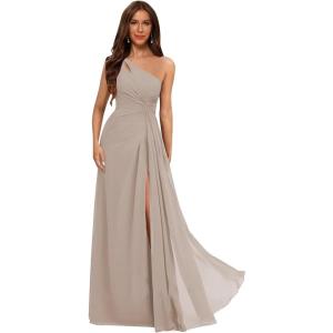 imageOne Shoulder Pleated Bridesmaid Dresses Long with Slit Chiffon A Line Formal Evening Dress for WomenTaupe