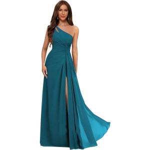 imageOne Shoulder Pleated Bridesmaid Dresses Long with Slit Chiffon A Line Formal Evening Dress for WomenTeal
